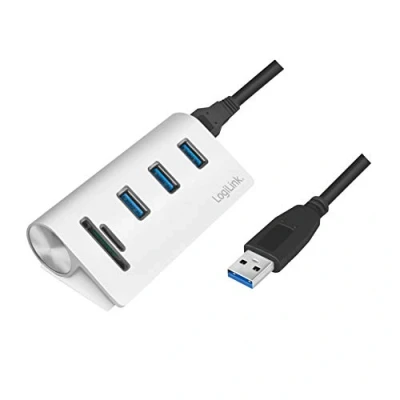 Afbeelding van LogiLink CR0045 USB 3.0 hub 3 + 2 poorten Met aluminium behuizing, ingebouwde SD kaartlezer Zilver