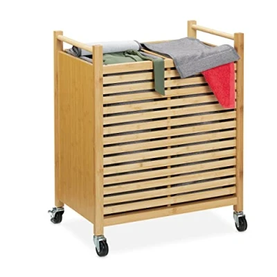 Afbeelding van Relaxdays wassorteerder bamboe 2 vakken wasmand op wielen verrijdbare wasbox dicht
