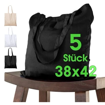 Afbeelding van katoenen tas 38x42 cm 5 stuk onbedrukt, twee lange hengsels OEKO TEX® gecertificeerd stoffen tas, draagtas, boodschappentas, Boodschappentas om de zwart te schilderen