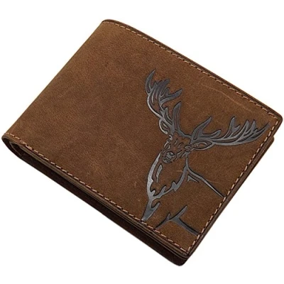 Afbeelding van myledershop Buffelleer portemonnee met herten motief in hoogte of langwerpig formaat RFID en NFC blokkering bruin, Model 2 / formaat, klassiek
