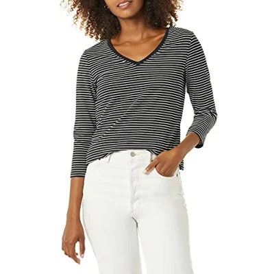 Image de Amazon Essentials T Shirt Col En v À Manches 3/4 Coupe Classique (Grandes Tailles Disponibles) Women&#039;s, Noir Blanc Rayures, M