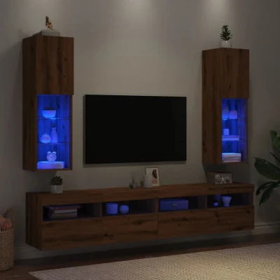 Afbeelding van Tv meubels met LED&#039;s 2 st 30,5x30x102 cm artisanaal eiken