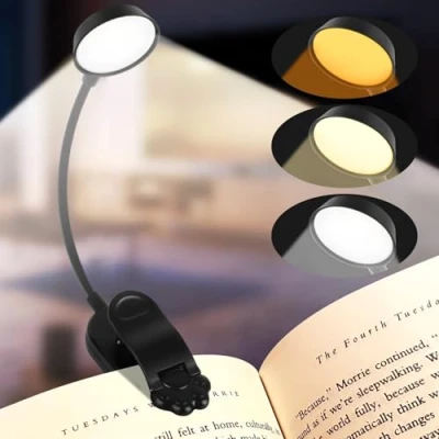 Afbeelding van Leeslamp, 16 leds, oplaadbaar, klemlamp, bedlampje voor kinderen, 3 kleuren, 360 graden flexibel, licht en draagbaar, perfect boekenliefhebbers, bed, kantoor, ronde lamp