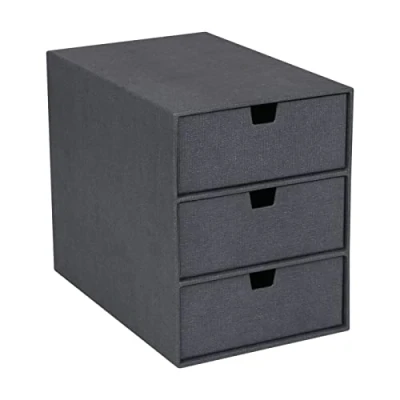 Afbeelding van BIGSO BOX OF SWEDEN INGRID Opbergdoos voor documenten en kantoorbenodigdheden, bureau organizer met 3 laden, opbergsysteem van vezelplaat papier in linnenlook, zwart