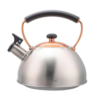 Afbeelding van briebe Fluitende inductieketel, retro, roestvrij staal 2,3 l, alle warmtebronnen: glaskeramische plaat, gas, elektrisch, cool touch handvat, vintage, voor thee, koffie, theepot, staal/brons