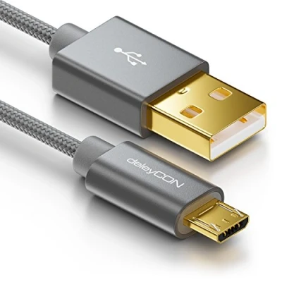 Afbeelding van deleyCON 1 m micro USB kabel nylon + metalen connectoren oplaadkabel datakabel snellaadkabel smartphone tablet grijs