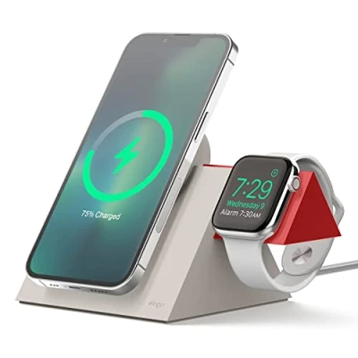 Afbeelding van elago MS5 Duo Oplaadstandaard Compatibel met MagSafe Lader, iPhone 14,13, 12 Series, Apple Watch Alle Series [Lader Niet Inbegrepen] (Stone + Rood)