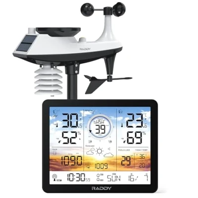 Afbeelding van Raddy AG7 Draadloos weerstation met buitensensor, thermometer, hygrometer, 7,4 inch digitaal display, DCF radiogestuurde klok, temperatuur en vochtigheidsmonitor weersvoorspelling