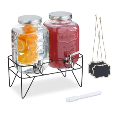 Afbeelding van Relaxdays dubbele drankdispenser met houder 4 liter rvs tapkraan glas fruitinzet