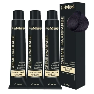 Image de FemMas Lot de 3 teintures pour cheveux, crème professionnelle, à l&#039;huile d&#039;argan, kératine, céramides, coloration permanente, résultats couleur éclatant et durable, marron foncé, cuivre 3, 100 ml