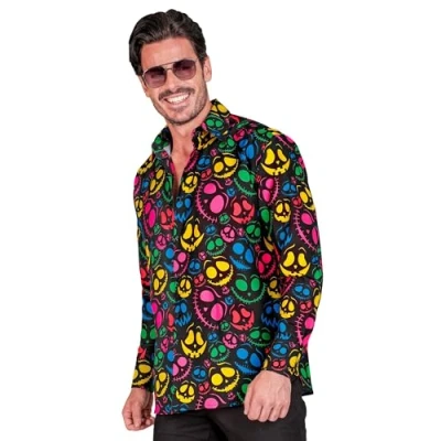 Afbeelding van Widmann Spookhemd voor heren, zwart met neongeesten, gloeit onder UV licht, Halloween kostuum