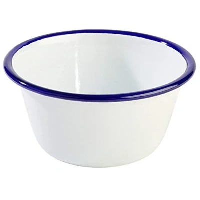 Afbeelding van APS, Wegwerpservies, Skål 50 cl Ø13xH6 cm Emaljebelagt stål Hvid med blå kant,1 stk (1 x)