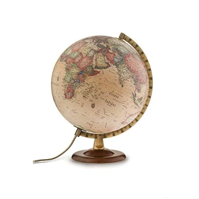 Image de Tecnodidattica Globe atmosphérique A4, lumineux, pivotant, base en bois de hêtre foncé et méridien gradué métal, cartographie style ancien, diamètre 30 cm