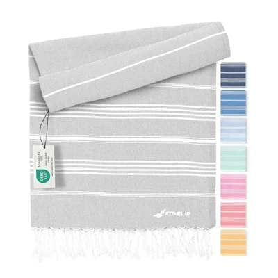 Afbeelding van Fit Flip Hamam Strandhanddoek, Fouta van 100% katoen, licht Turks laken, sneldrogend, perfect accessoire als XXL strandlaken of pareo, lichtgrijs, 100 x 200 cm, sultan