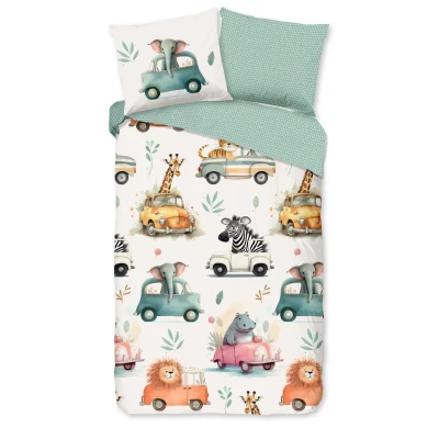 Afbeelding van Dekbedovertrek voor Kinderen 135x200 cm Dieren in Auto&#039;s Print Multi 1 Persoons 100% Katoen Oeko Tex Gecertificeerd