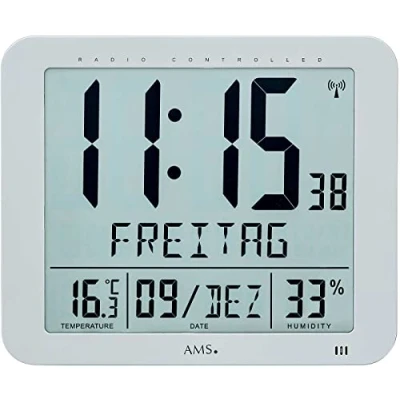 Afbeelding van AMS F5884 Wandklok Tafelklok Digitaal Kunststof Radiogestuurde tijdsaanduiding LCD Temperatuur Vochtigheid Zilverkleurig