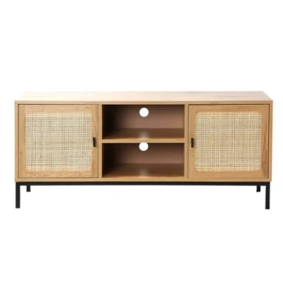 Afbeelding van CALICOSY TV meubel met 2 deuren, rotan baldakijn en nissen L120cm