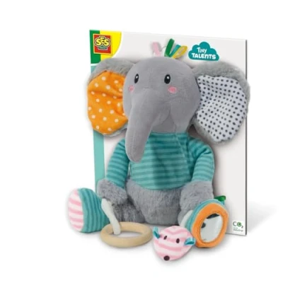 Afbeelding van SES Tiny Talents Olfi sensory olifant Knuffelolifant met spiegel, knispervoet, bijtring en piepmuis baby speelgoed