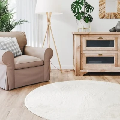Afbeelding van Interiyou Fargo hoogpolig tapijt rond crème pluizig kunstbont wasbaar antislip 120 x cm