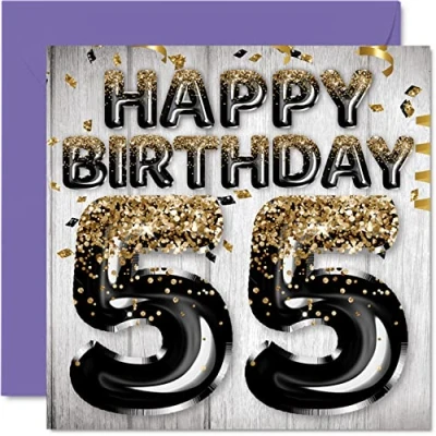 Afbeelding van Stuff4 Verjaardagskaart voor mannen Zwarte en gouden glitterballonnen Verjaardagskaarten 55 jaar, papa, opa, grootvader, grootoom, 145 mm x