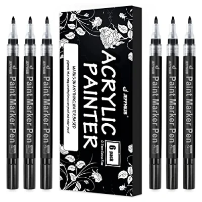 Afbeelding van JEFFNIUB Lot de 6 Marqueurs acryliques Noir permanents Couleurs imperméables Pour pierres, céramique, bois, métal, papier, verre, tissus, plastique, cuir, bricolage