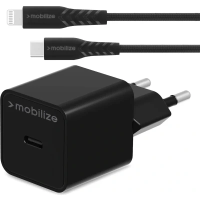 Afbeelding van Mobilize Wall Charger USB C 20W with PD + MFi Lightning Nylon Cable 1.2m Black