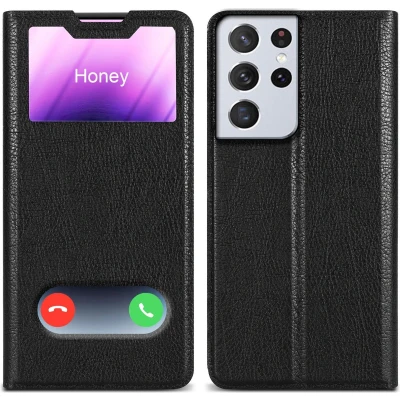 Afbeelding van Cadorabo Hoesje geschikt voor Samsung Galaxy S21 ULTRA in KOMEET ZWART Beschermhoes met magnetische sluiting, standfunctie en 2 kijkvensters Book Case Cover Etui