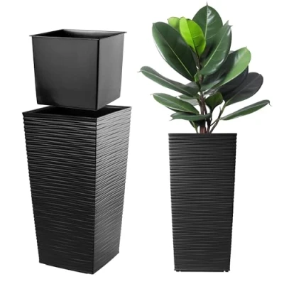 Afbeelding van Kadax Bloem/plantenpot, kunststof pot, voor binnen en buiten, tuin, balkon, terras, huis, weerbestendig, imitatie rotan, 57 cm hoog, zwart
