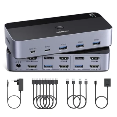 Afbeelding van UGREEN HDMI schakelaar, KVM, 2 ingangen, uitgangen, 4 K, 60 Hz, dubbel display met USB poorten, 3A1C, 5 Gbit/s, voor toetsenbord, muis, harde schijf, KVM desktop controller