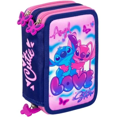 Afbeelding van Clondo Drievoudig gevuld etui, 44 schoolaccessoires, 3 ritssluitingen, 20 cm, Stitchrosa25, pennenhouder