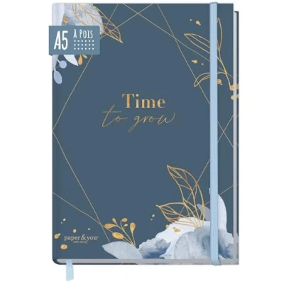 Afbeelding van Paper &amp;you® Bullet Journal gestippeld A5 met elastiek [Time to Grow blauw] 156 pagina&#039;s notitieboek stippen, dagboek, duurzaam en klimaatneutraal