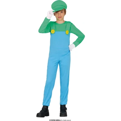 Afbeelding van Guirca Luigi Kostuum Pizza Bakkende Loodgieter Kind Blauw, Groen 7 9 jaar Carnavalskleding Verkleedkleding