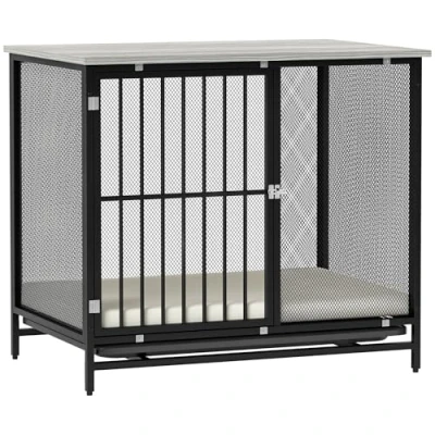 Afbeelding van PawHut Hondenkooi voor thuis, afsluitbaar, met kussen, hondenbench pallets, hondenhok middelgrote honden onder 20 kg, grijs, 88 x 55 71 cm