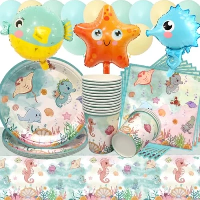 Afbeelding van Doyomtoy Set van 68 borden voor zeedierfeestjes oceaanverjaardag, oceaandecoratie op zee, verjaardag, kopjes, servetten kinderen verjaardag