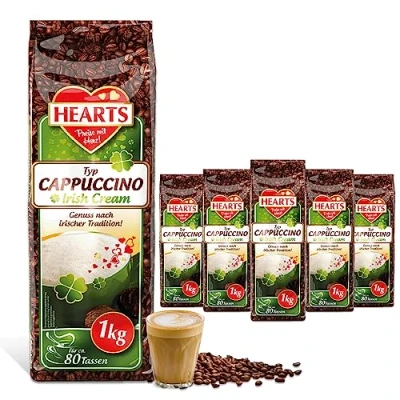Afbeelding van HEARTS Cappuccino Irish Cream, 5 x 1 kg lnstant Gemakkelijk oplosbaar koffiepoeder, pak van 5, ca. 400 kopjes, genot volgens de Ierse traditie