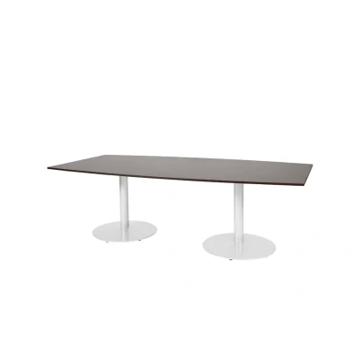 Afbeelding van Linesto 240x120cm tonvormige vergadertafel op vaste hoogte (74cm) met logan eiken 25mm blad en witte (RAL9010) trompetvoeten