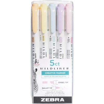 Afbeelding van Zebra Pen Mildliner Double Ended Highlighter Set, Chisel and Bullet Point Tips, verschillende Gentle Ink Colors, 5 stuks (78705)