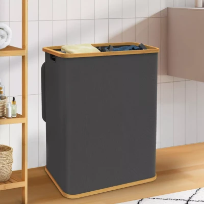 Image de Panier à linge 140 L 2 bacs amovibles RITA en tissu et bambou gris anthracite