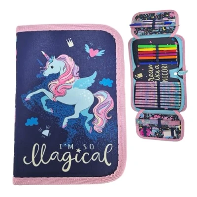 Afbeelding van Theonoi Trousse à crayons 2 compartiments d&#039;écolier remplie, Licorne magique,