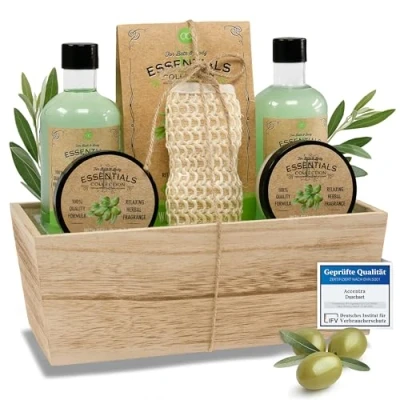 Afbeelding van accentra Wellness cadeauset olijf in houten mand, verzorgingsset voor dames, 6 stuks verrijkt met olijfolie