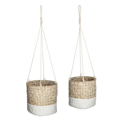 Afbeelding van Hangende Rieten Mand Zeegras Naturel Wit Set van 2