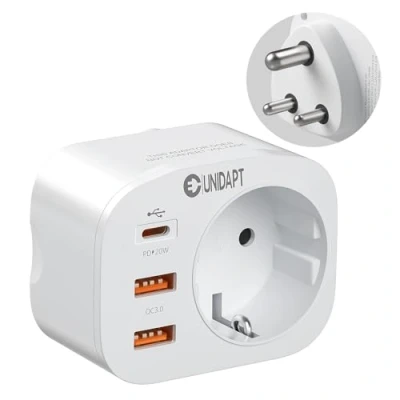 Afbeelding van Unidapt 4 in 1 reisadapter voor India met 3 USB poorten, India, type D, adapter Sri Lanka, Nepal,