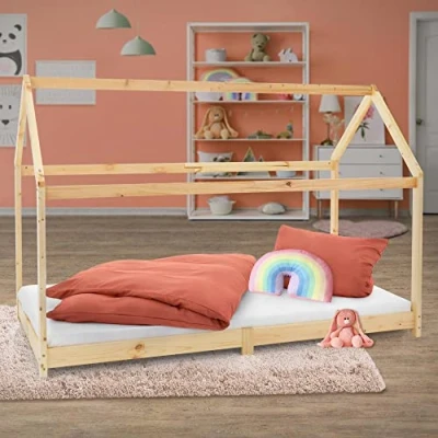 Afbeelding van Kinderbed met dak en lattenbodem 90x200 cm naturel grenen hout ML Design