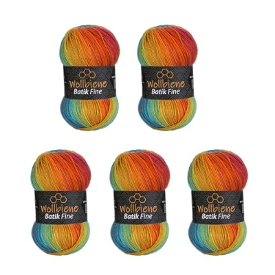 Afbeelding van Wollbiene Batik Fine Wol, 5 x 100 g, 500 gram wol met kleurverloop, meerkleurig, kleur: 2060 bessen oranje groen turquoise