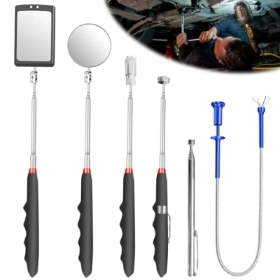 Afbeelding van Set van 6 intrekbare inspectiespiegels Telescopische spiegel Telescopisch magnetisch gereedschap met LED lamp Ronde vierkante inspectiespiegel handgreep 360 draaibaar