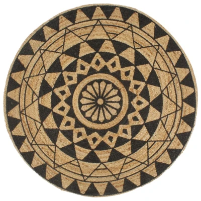 Afbeelding van Vloerkleed handgemaakt met zwarte print 150 cm jute