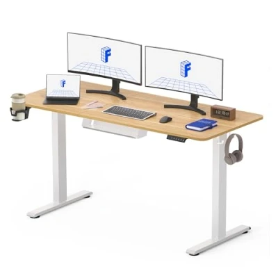 Afbeelding van FLEXISPOT Lite Elektrisch zittend, sta bureau, in hoogte verstelbaar, met bekerhouder en haken, toetsenbordpaneel geheugenfuncties, 140 x 60 cm (wit frame + esdoorn blad)