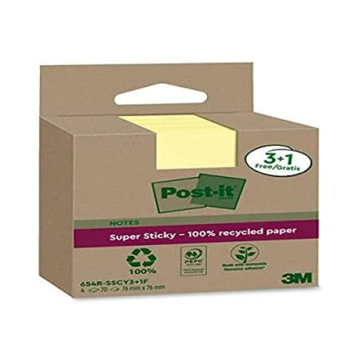 Afbeelding van Post it Super Sticky Notes Recycled, 70 vel, ft 76 x mm, geel, 3 + 1 GRATIS memoblok