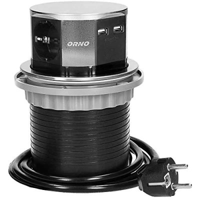Afbeelding van ORNO OR AE 1381 (GS) inbouwstopcontact, werkblad, 3 stopcontacten, 3650 W, Ø 10 cm met 1,5 m Schuko kabel, Duits stopcontact