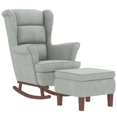 Image de vidaXL Chaise à bascule avec pieds en bois et tabouret Gris clair3121230
